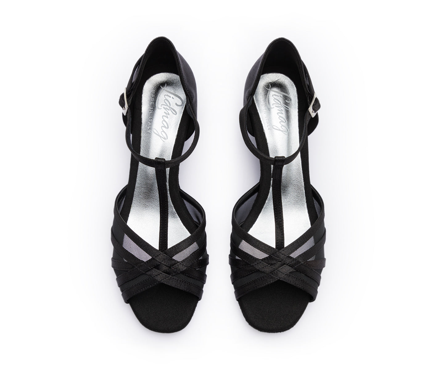 Draufsicht der 705 Tanzschuhe von Dancing Queens in schwarzen Riemchen-High-Heels aus Satin auf weißem Hintergrund.